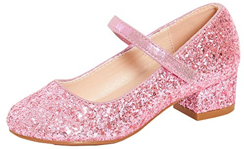 Lora Dora - Scarpa da festa per bambine, tacco a blocco basso, con cinghietta regolabile, Rosa (Glitter rosa.), 34 EU