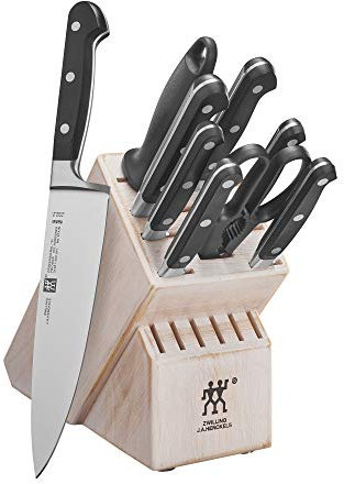 ZWILLING Set di 10 coltelli professionali affilati tedeschi con blocco rustico in legno della gomma bianco, realizzati in una fabbrica tedesca di proprietà dell'azienda con acciaio speciale