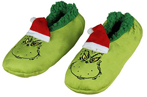 Bioworld Dr. Seuss The Grinch That Stole Christmas Slippers Santa Grinch Slipper Socks with No-Slip Sole For Women Men