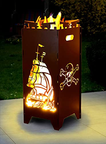 Moritz Feuerschale Feuerkorb 2mm Stahl 35x35x85 cm Steckbar für Garten Camping Outdoor Feuerstelle Feuertonne Totenkopf Schiff Anker Maritim
