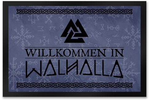 Willkommen in Walhalla Wikinger Fußmatte XXL in 50x75 cm mit Runen und Knoten Motiven als Geschenk für echte Starke Nordmänner und Wikingerfans