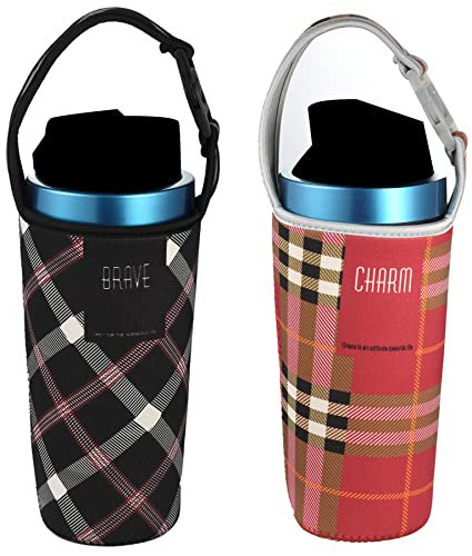 2 Pack Tumbler 30oz Carrier Holder Pouch, Bulckrew Water Bottle Holder Bag with Shoulder Strap, Fit for YETI, Rtic, Atlas, Ozark Trail Cups-Red&Black Grid