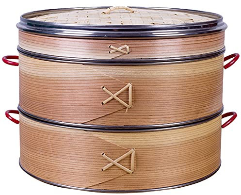 LTLWSH Vaporera de Madera, Cesta de Madera, para arroz, Dim Sum, Verduras, Pescado y Carne, Recipiente Tradicional para la cocción al Vapor, 2 Pisos y 1 Tapa,17.5cm