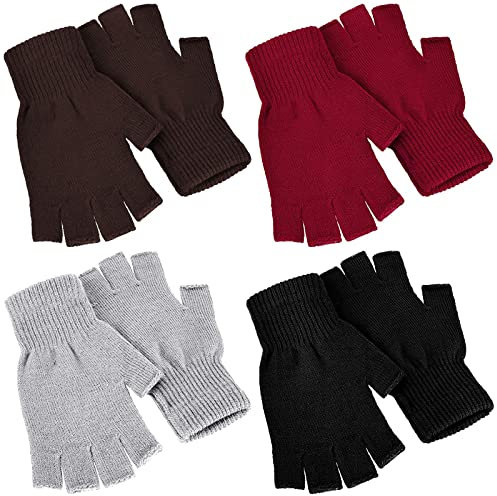 SATINIOR 4 Paar Winter Halbfinger Handschuhe Gestrickte Fingerlose Fäustlinge Warme Dehnbare Handschuhe für Damen und Herren, Schwarz, Rot, Braun, Hellgrau, 6.7 x 3.54 inches