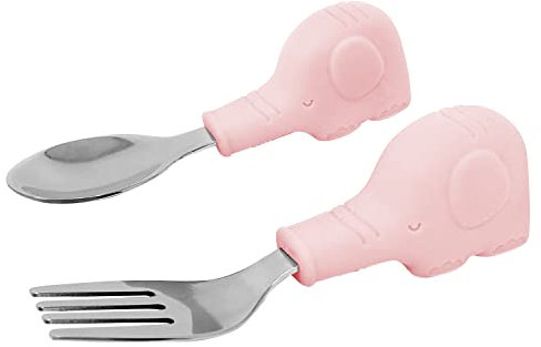 Cubiertos de aprendizaje infantil con mango ergonómico animal en acero inoxidable y silicona alimentaria, cuchara y tenedor
