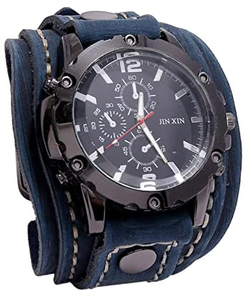 F Fityle Männer Leder Uhren, Retro Punk Armbanduhr breites PU-Lederband, Classic Herrenuhr, Armbanduhr Herren, Herren Analog Quarzuhr Sport Casual Business Armbanduhr für Geburtstagsgeschenk - Blau