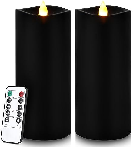 Enpornk 7” x 3” Flameless Candles, Flickering Moving Flame LED Candles, Battery Operated Candles with Remote and Timers, Black, Set of 2