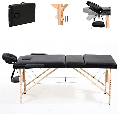 ANSIMIDA 3-Zonen Massageliege — klappbar & höhenverstellbar — Mobile Holz Kosmetikliege mit Kopfschütze, Armlehnen & Tasche - 186 x 62 cm - Schwarz