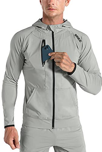 BROKIG Leichte Hoodie Herren,Schnelltrocknende Laufjacke Atmungsaktives Kapuzenpullover Trainingsjacke mit Reißverschluss(Hellgrau,M)