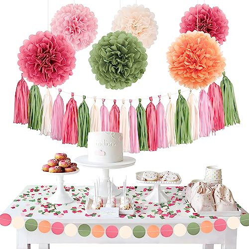 NICROLANDEE Hochzeit Party Dekorationen 28 Stück, BLÜHEN Rosa Seidenpompons Hanging Polka Dot Papier und Tissue Tassel für neutrale Baby Shower, Geburtstag, Gartenparty deko
