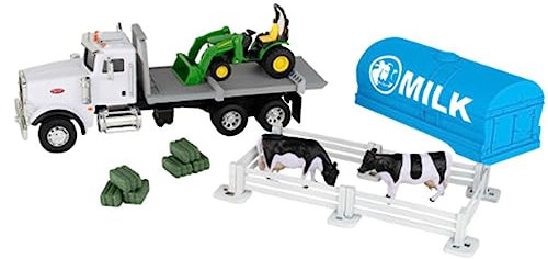 John Deere 1/32 Scale Switch n Load Peterbilt Halbschleppmilchtank oder Flabed Anhänger mit Traktor, 18-teiliges Set, LP83013 47496