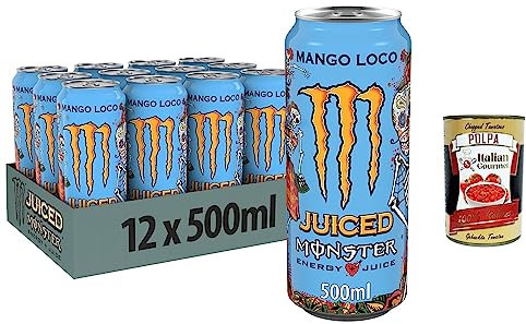 Monster Energy Mango Loco Lot de 24 boissons énergisantes contenant de la caféine avec goût de fruits tropicaux de mangue, goyave et ananas 500 ml + polpa Italian Gourmet 400 g