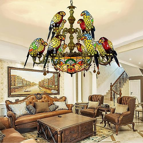 AIBOTY 12 Papagei Tiffany Stil Kronleuchter Europäischer Retro Papagei Design Buntglas Pendelleuchten Kreative Kristall Hängende Deckenlampe Für Wohnzimmer Küche Esszimmer Hotel Schlafzimmer