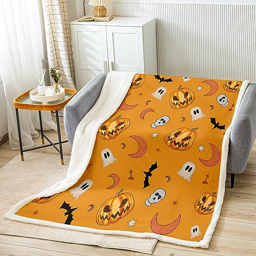 Homemissing Lampe De Citrouille Laine Couverture 228x228cm pour Fille Garçon Halloween Sherpa Couverture Jack O Lantern Peluche Trick Or Treat pour Lit Canapé