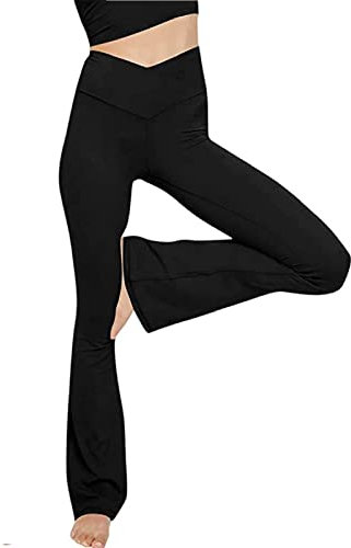 Glacspyg Damen Hose Schlaghose V-Taille Bootcut Sporthose Freizeithose Jogginghosen für Fitness Schwarz L