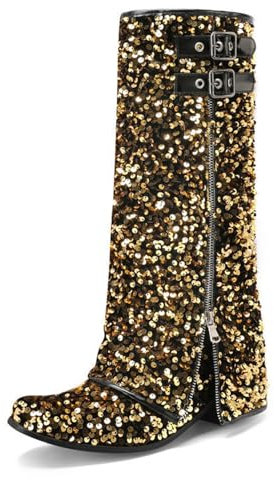 CRETUAO Stivaletti al Ginocchio Piega in Paillettes Glitterate Donna,Stivali a metà Pantalone Cerniera alla Moda Cintura Fibbia,Stivali a Punta Sexy Tacco Grosso Cowgirl al Polpaccio,d'oro,37 EU