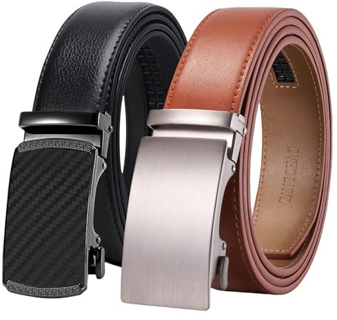 TANGCHAO 2 Stücke Gürtel Herren,Ledergürtel Ratsche Automatikschließe für Herren Business Anzug Jeans, 35mm Gürtel,Größe Einstellbar 24Braun+29Schwarz 125cm