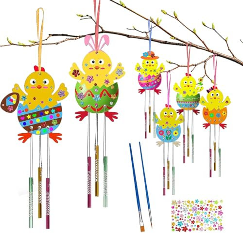 Osterküken Windspiel Bastelset 6 tlg, Ostern Basteln Kinder, Küken Holz zum Bemalen, Osterdeko zum Aufhängen, Bastelhandwerk Klangspiel für Osterdeko Frühling Jungen Mädchen