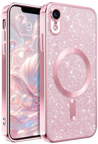 BENTOBEN Funda Magnética para iPhone XR 6,1 Pulgados [Compatible con Magsafe] Carga Inalámbrica Carcasa Ultra Delgada Brillante Purpurina Silicona Resistente Anti-Arañazos Anti-Golpes -Rosa