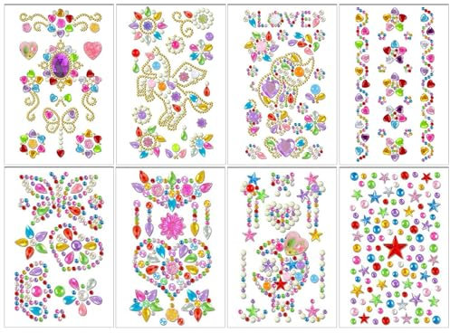 Glitzersteine Selbstklebend Set, 8 Blätter Acryl Sticker Strasssteine Glitzer Basteln Bunt Kristall Aufkleber Verschiedene Formen Diamant für DIY Handwerke Nägel Deko