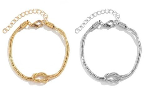 Matching Bracelets for Couples，Dainty Gold Love Knot Bracelet 14K Gold Plated Herringbone Chain Bracelet Relationship Jewelry Gifts for Best Friend(Gold&Silver)