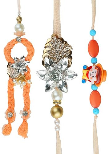 Rakhi Bhaiya Bhabhi veera Rakhi set Rakhi Lumba Set with dora for Brother Bhabhi Orange Rakhi set of 3 Family Rakhi Gift Pack Thread Bracelet Dori for Raksha Bandhan Indian Traditional Festival