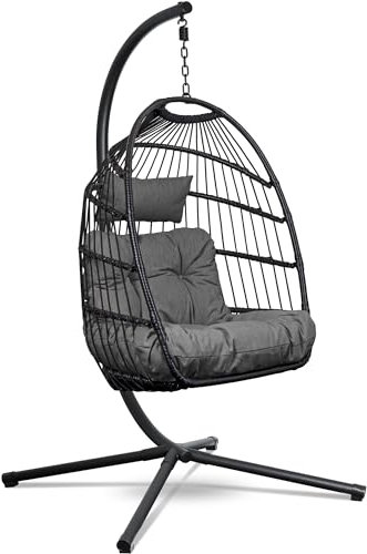 Swoods Hängesessel mit Gestell - Hängesessel Outdoor - Indoor und Outdoor - Hängstuhl mit Großen Kissen - Klapbarer Rattensessel - bis 150 kg - Dunkelgrau