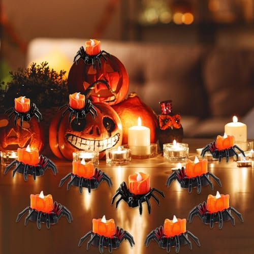 Halloween Bougies Chauffe-plat Araignée, 12 Pièces Halloween Bougie Chauffe Plat Led, Bougies Chauffe Plat Sans Flamme, Halloween araignée Bougies LED, pour Decoration Halloween Intérieu Extérieur