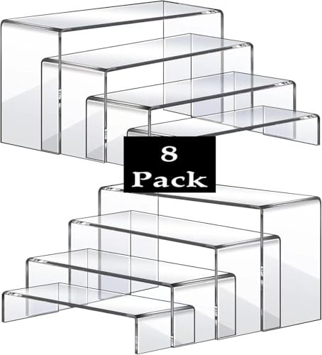 Deefongo 8 PCS Acrylic Risers for Display, 4-Tier Clear Rectangular Tiered Display Stand, Cupcake Dessert Stand, Product Display Shelf Stand (2 Sets)
