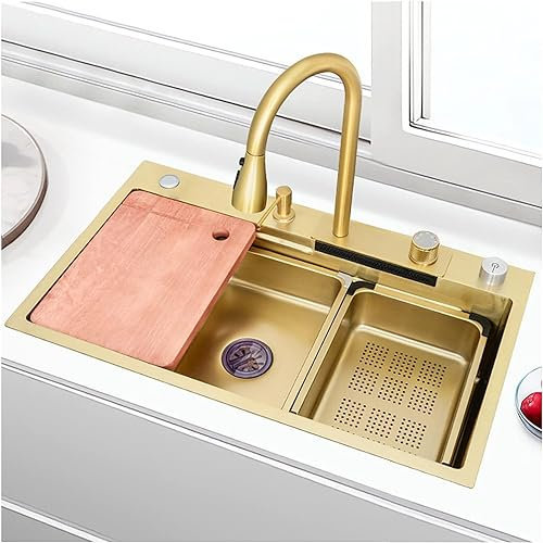 HSSMEUR Single Bowl Waterfall Sink,304 Stainless Steel Bar Sink,Multi-Function Sink with Faucet and Drain Assembly Drop in Or Under Mount for Kitchen Bar Hotel (Gold b)