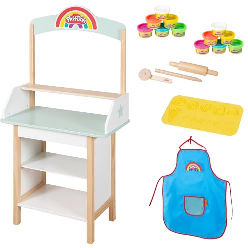 roba x Play-Doh Eisstand - Spielset aus FSC-zertifiziertem Holz mit 12 Knetdosen, Holzwerkzeug, Schürze & 3D-Matte - Kreativer Verkaufsstand ab 3 Jahren