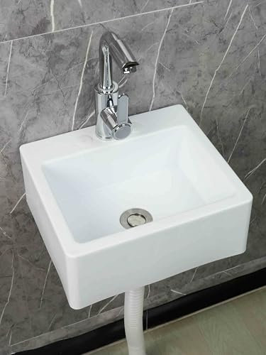 XRB2050 Lavabo Mural en Résine, 33.5x29x13cm/13x11.4x5inch Lavabo Carrée à Suspendre au Mur, Lavabo Suspendu avec Bonde pour la Salle de Bain et Les Toilettes Blanc D Robinet Chaud et Froid