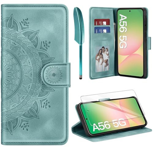 ivencase Lederhülle für Samsung Galaxy A56 5G Hülle und Schutzfolie, Premium Klappbar Handyhülle Flip Wallet, [Kartenfach] [PU Leder] [Ständer] Schutzhülle Kompatibel mit Samsung A56 5G, Grün