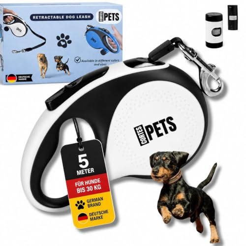 CORTES PETS ® Leichte Flexible Rollleine 5m - Hundeleine für kleine Hunde - Ausziehbar – Rollleine für Hunde bis 30 kg – Robuste Ausziehleine 5 m – mit Kotbeutelhalter, Soft-Grip & Bremsknopff