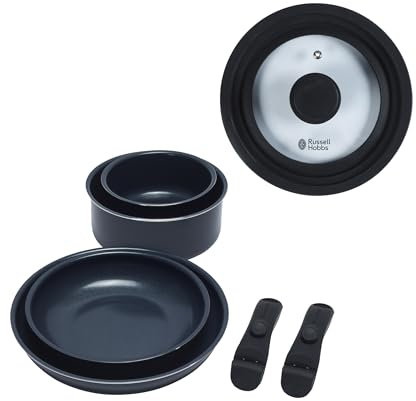 Russell Hobbs Smart Clip 7-Piece Frying Pan & Saucepan Set – 22/26 cm Fry Pans, 16/20 cm Cooking Pots, 2 Clip-On Handles, Universal Glass Lid Included, Non-Stick, Induction Suitable, Oven Safe