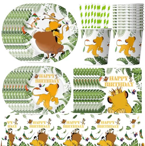 61pcs Il Re Leone Stoviglie di Compleanno Set, Vassoio di Carta, Tovagliolo, Tazza, Trinkstroh,Tovaglia, Leone Decorazioni per Feste Stoviglie Set -10persone