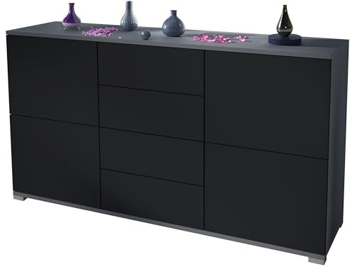 Vladon Sideboard Rova V1, Kommode mit 4 Türen und 4 Schubladen, Anthrazit matt/Schwarz matt (138,5 x 75,5 x 35)