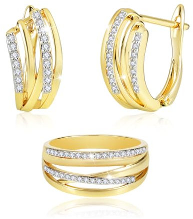 Richapex Set de Bijoux Femme en Or - Boucles d'Oreilles Créoles & Bague Arbre de Vie - Cadeau Anniversaire/Noël pour Elle - Tailles de Bague 7/8/9/10 (8)