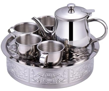 Fenayuu Théière en Acier Inoxydable pour - Théière, Tasses et Plateau ,Design avec Écran Filtre Théière À Long Bec Vaisselle pour Garçons, Filles, Étudiants, Débutants Et