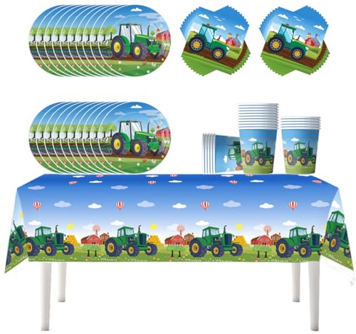 Fuwraixis Vajilla para fiesta de tractore,granja temática platos de papel set,vehículo agrícola vasos de papel servilletas y manteles,vajilla de cumpleaños infantil,Para aniversario 20 persona