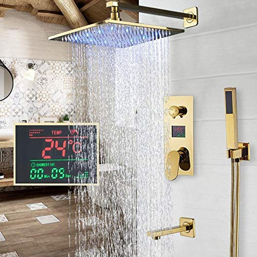 ASerZenith Robinetterie De Salle De Bain De Luxe Dorée, Mitigeur Mural avec Pommeau De Douche À Effet Pluie À LED Et Bec De Baignoire, Ensemble De Douche De 16 Pouces(Ensemble de Douche de 16 Pouces)