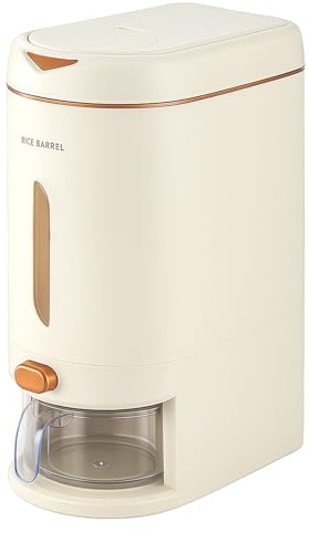 Rice Dispenser with Measuring Cup, 10kg Large Capacity Grain Storage Container, Airtight Cereal Dispenser with Button Control, Clear Window, Perfect for Kitchen, Beans, Oats and More (Off-white)