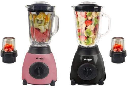 Bistro Chef 2-in-1 Nuts Ice Crushing Mixer Blender 850W, Professional Handheld Kitchen Blender 1.5L for Smoothie Maker, Fruit Juice, Shake, Made from Glass & Stainless Steel (Pink & Black, Pack of 2)