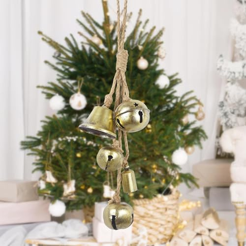 CEWUDA Christmas Bells for Decoration Gold Vintage Bells Decorative 5 Pcs Brass Bell with Jute Hanging Rope Cow Bell for Christmas Tree Decor Wreath Garland Door Window Rustic Home Decor Wedding Party