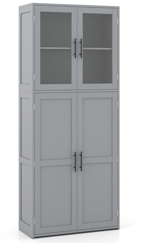 COSTWAY 168cm Tall Kitchen Cupboard, Pantry Storage Cabinet with Tempered Glass Door, Adjustable Shelf & Hanging Hooks, Freestanding Sideboard Organizer Unit for Home Dining Room Bathroom (Grey)