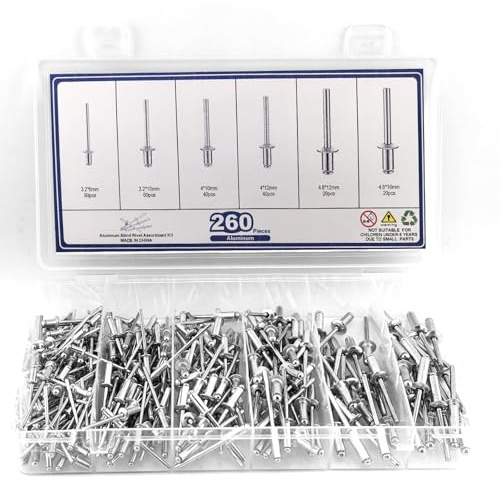 260-teiliges Blindniet-Set – 6 Größen (M3.2/M4/M4.8) Aluminium-Blindniete, Schwerlast, geeignet für Metall, Holz, Möbel und Schiffbau, Multifunktionales Befestigungsset
