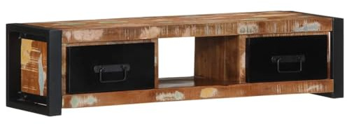 Owoxanthellate TV-Schrank 100×30×25 cm, Massivholz & Eisen, 2 Schubladen, Lowboard Schwarz-Braun, Wohnzimmer