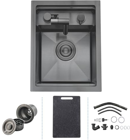 30×45cm Fregadero de Bar de Cocina Oculto con Grifo Plegable Fregadero Cocina Negro Gris, Fregadero de Barra de Estación de Trabajo Empotrable de Acero Inoxidable Oculto Para Pequeña