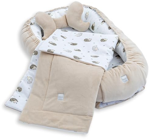 LOOLAY Babynest, Nestchen für Neugeborene – Baby Nestchen 91 × 63 cm mit Decke, Tragbares Nest aus Samtvelours & Baumwolle (BEIGE Velour/Igel)