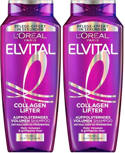 L’Oréal Paris Elvital Collagen Lifter Volumen Shampoo, aufpolsternde Reinigung mit Kollagen-AS-Fragmenten, für feines & plattes Haar, langanhaltender Ansatz-Lift, 300 ml (Packung mit 2)